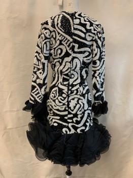 RUBEN PANIS, Black, White, Sequins, Swirl , V-neck, Long Sleeves, Tiered Wired Ruffle Cuff, Asymmetrical Tiered Wired Ruffle Hem *Zipper Starting to Pull Away From Dress