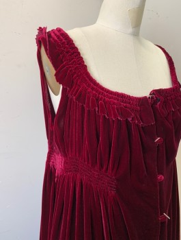 Womens, Historical Fiction Dress, N/L MTO, Cranberry Red, Polyester, Solid, B:36, Velvet, Sleeveless, Smocked Scoop Neck, Elastic Smocked Waist, Open at Center Front with Loop/Button Closures Down Front, Floor Length, Made To Order 1500's Reproduction