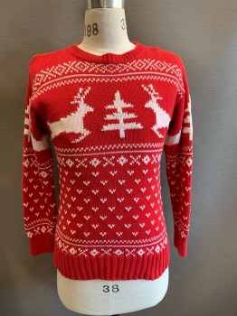 KITESTRINGS, Red, White, Ramie, Cotton, Holiday, Christmas Sweater, Knit, Reindeer & Christmas Tree Pattern, CN, L/S,