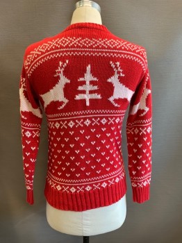 KITESTRINGS, Red, White, Ramie, Cotton, Holiday, Christmas Sweater, Knit, Reindeer & Christmas Tree Pattern, CN, L/S,