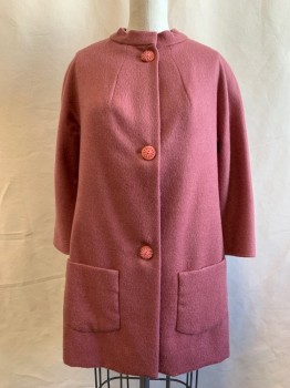 Womens, Coat, N/L, Dusty Rose Pink, Mohair, Solid, B 34, XS, Band Collar, 3/4 Dolman Sleeves, 3 Buttons with Star Shaped Holes, 2 Pockets