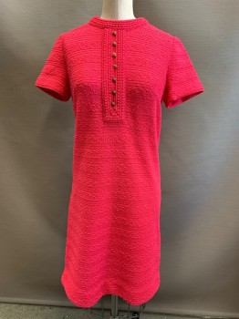 Womens, Dress, NL, Hot Pink, Wool, Acrylic, Tweed, B: 32, Self Horizontal Stripe, Self Tweed Pattern, 1/4 Faux Button Front, Short Sleeves, Hem at Knee, Zip Back