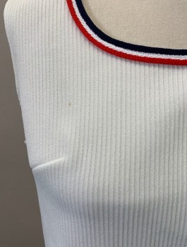 Womens, Top, Sportsweat, White, Red, Blue, Polyester, Solid, Stripes, B36, Stiff Ribbed Knit, Sleeveless, 5" Bust Dart,Top with 1/2 Inch Red White and Blue Striped Trim on Neck 1'' Red White and Blue "Ribbon " Patch over Left Heart, Small Pin Dot Stain on Front Right See Detail Photo,