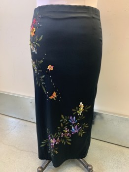 Womens, Skirt, Below Knee, Mandalay, Black, Polyester, Spandex, Floral, 8, Back Zip, Sequins and Beads, Butterfly and Flower Embroidery, Pleated Back