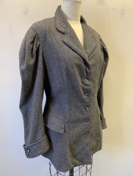 Womens, Coat 1890s-1910s, N/L MTO, Gray, Wool, Solid, B:42, Puffy Sleeves Gathered at Shoulders, Notched Lapel, 6 Buttons, 2 Hip Pockets with Flaps, Cuffed Wrists with 2 Buttons, Hip Length, Vents at Center Back Hem, Made To Order