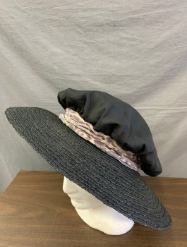 Womens, Hat 1890s-1910s, N/L MTO, Black, Straw, Silk, Silk Poufy Crown with Straw Brim, Gray Burnout Velvet Band, Made To Order