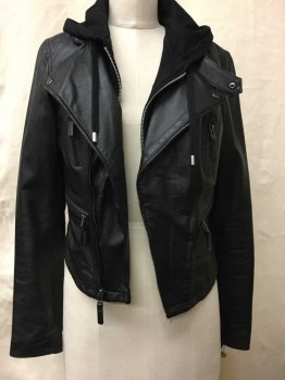Womens, Leather Jacket, ZARA, Black, Polyester, Cotton, Solid, S, Pleather Jacket, Faux Jersey Knit Hoodie Tacked in Underneath, Zip Front,  Zip Pockets & Snaps