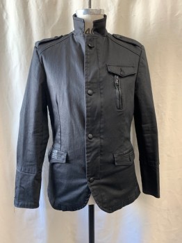 Mens, Casual Jacket, RNT23, Black, Poly/Cotton, Acrylic, Solid, M, Mandarin Collar, Single Breasted, Button Front, & Zip Front, 4 Buttons, Epaulets, 2 Patch Pockets, 1 Zip Pocket, 1 Faux Pocket