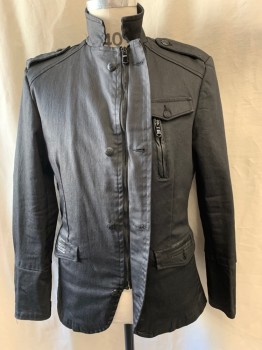 RNT23, Black, Poly/Cotton, Acrylic, Solid, Mandarin Collar, Single Breasted, Button Front, & Zip Front, 4 Buttons, Epaulets, 2 Patch Pockets, 1 Zip Pocket, 1 Faux Pocket