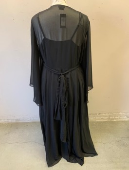 CITY CHIC, Black, Polyester, Elastane, Solid, Sheer Chiffon, Wrap Dress, Long Flared Sleeves, Wrapped Surplice V-neck, Self Ties at Waist, Ankle Length, Plus Size