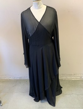 CITY CHIC, Black, Polyester, Elastane, Solid, Sheer Chiffon, Wrap Dress, Long Flared Sleeves, Wrapped Surplice V-neck, Self Ties at Waist, Ankle Length, Plus Size