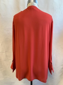 CATHERINE MALANDRINO, Tomato Red, Polyester, Solid, V-neck Placket, Band Collar, 2 Asymmetrical Front Tiers, Long Sleeves, Button Cuff, Button Tab for Roll Up Sleeve