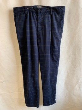 OXFORD TROUSER, Navy Blue, Olive Green, Polyester, Viscose, Plaid, Pleated Front, Zip Front, Button Closure, 4 Pockets