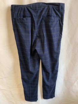 OXFORD TROUSER, Navy Blue, Olive Green, Polyester, Viscose, Plaid, Pleated Front, Zip Front, Button Closure, 4 Pockets