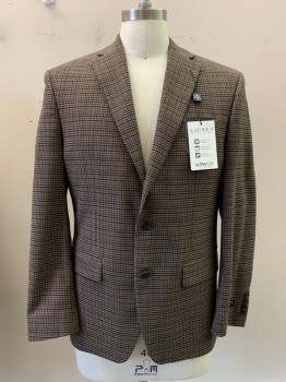 RLL RALPH LAUREN, Brown, Dk Beige, Multi-color, Polyester, Viscose, Houndstooth, Plaid, Single Breasted, 2 Buttons, Notched Lapel, 3 Pockets,