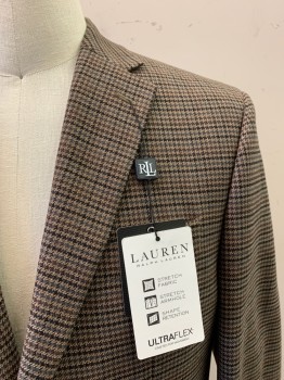 RLL RALPH LAUREN, Brown, Dk Beige, Multi-color, Polyester, Viscose, Houndstooth, Plaid, Single Breasted, 2 Buttons, Notched Lapel, 3 Pockets,