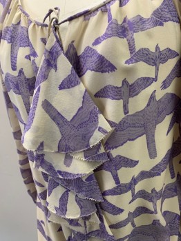 TIBI, Cream, Lavender Purple, Purple, Silk, Animal Print, Bird Print, Long Sleeves, Semi Scoop Neck, Self Tie Neck, Self Ruffle Center Front,