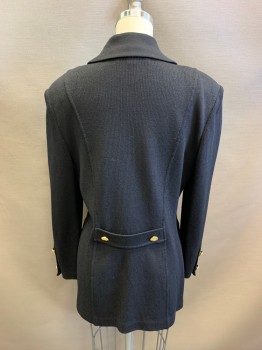 ST. JOHN COLLECTION, Black, Acrylic, Textured Fabric, Notched Lapel, Single Breasted, Button Front, Gold Buttons, Padded Shoulders, Belted Back, 2 Pockets
