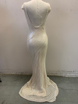 Womens, Evening Gown, FOX310, Cream, Polyester, 4, Scoop Neckline, All Over Pearls & Clear Sequins, Low Back, Sleeveless, Zip Back, Floor Length