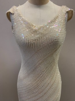 Womens, Evening Gown, FOX310, Cream, Polyester, 4, Scoop Neckline, All Over Pearls & Clear Sequins, Low Back, Sleeveless, Zip Back, Floor Length