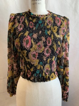 WILFRED, Black, Mustard Yellow, Pink, Teal Green, Polyester, Floral, Smocked Top, Ruffle Collar, Back Zip, Ruffle Hem, Sheer Long Sleeves, with Elastic Ruffle Cuff