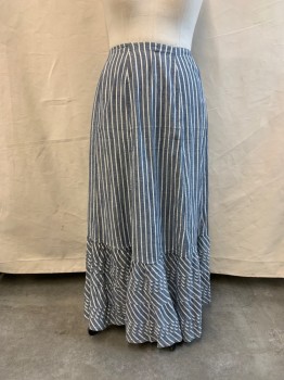 Womens, Historical Fiction Skirt, MTO, Blue, White, Cotton, Stripes, Heathered, W28, No Closures, Pleated and Ruffled Hem