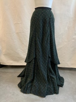 Womens, Historical Fiction Skirt, MTO, Green, Navy Blue, Yellow, Acrylic, Plaid, W22, Hook & Eyes and Snaps Back, Pleated Back, 1 Short Layer at Back