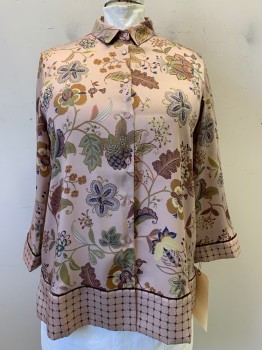 MARINA RINALDI, Dusty Rose Pink, Mauve Pink, Olive Green, Lt Yellow, Brown, Polyester, Floral, Collar Attached, B.F., Dusty Rose Buttons With "Marina Sport" Carved On, L/S, Brown Piping & Grid/Vine Pattern On Cuffs & Hem