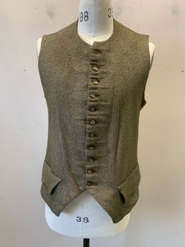 Mens, Historical Fiction Vest, NO LABEL, Olive Green, Beige, Wool, Cotton, Solid, 40, Button Front, 11 Buttons, Woven Olive/Beige Front, Natural Colored Canvas Back, Aged/Distressed