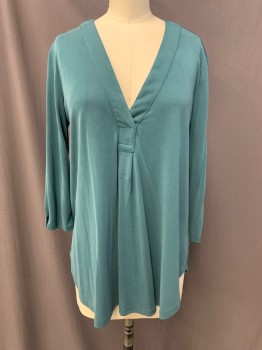 LUSH, Teal Green, Modal, Polyester, Solid, V-neck, Pullover, Long Sleeves, Tab & Button
