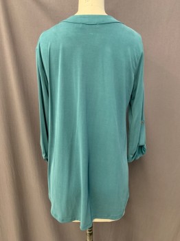 LUSH, Teal Green, Modal, Polyester, Solid, V-neck, Pullover, Long Sleeves, Tab & Button
