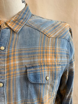 Mens, Western, LUCKY BRAND, Lt Blue, Melon Orange, White, Cotton, Plaid, L, Collar Attached, Snap Front, Long Sleeves, 2 Pockets, 2 Snaps 1 Button Cuff