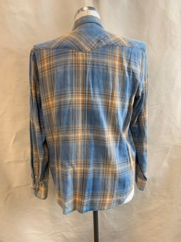 Mens, Western, LUCKY BRAND, Lt Blue, Melon Orange, White, Cotton, Plaid, L, Collar Attached, Snap Front, Long Sleeves, 2 Pockets, 2 Snaps 1 Button Cuff