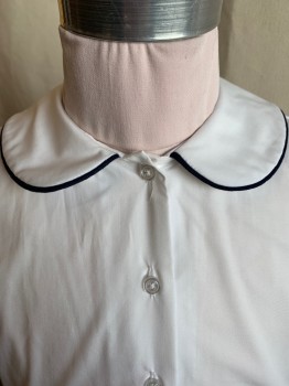 Childrens, Blouse, MILLS, White, Navy Blue, Cotton, Polyester, Solid, 5, (2)  Navy Piping Trim on Scalloped  Collar Attached and Puffy Short Sleeves with Cuff, Button Front,