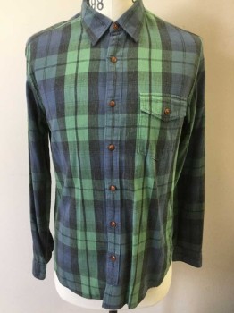 J CREW, Slate Blue, Sea Foam Green, Charcoal Gray, Cotton, Plaid, Long Sleeve Button Front, Collar Attached, 1 Pocket
