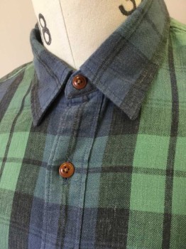 J CREW, Slate Blue, Sea Foam Green, Charcoal Gray, Cotton, Plaid, Long Sleeve Button Front, Collar Attached, 1 Pocket