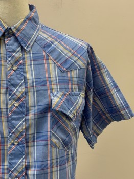 ROEBUCKS, Blue, Lt Blue, Yellow, Red, Cotton, Plaid, S/S, Snap Button Front, Collar Attached, Chest Pockets