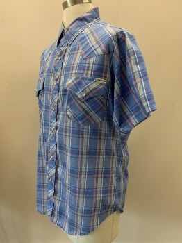 ROEBUCKS, Blue, Lt Blue, Yellow, Red, Cotton, Plaid, S/S, Snap Button Front, Collar Attached, Chest Pockets