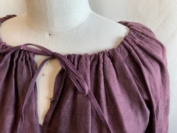Womens, Historical Fiction Blouse, MTO, Purple, Linen, Solid, B:38, L, Wide Drawstring Neck, Keyhole Front, Raglan Sleeves, Sleeves Gathered at Elbow Seam, Elastic Gathered Ruffle Tiered Cuff, Worn Out Elastic Waistband, Aged/Distressed