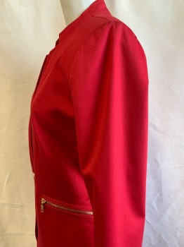 Tahari, Red, Gold, Cotton, Polyester, Solid, Button Front, 1 Button, 2 Zip Pockets