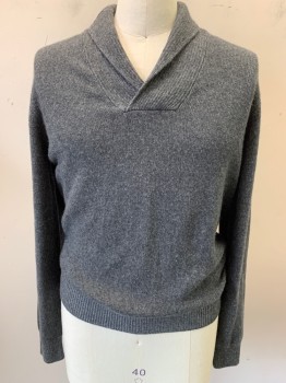 PIATTELLI, Charcoal Gray, Wool, Cashmere, Solid, Heathered, Shawl Collar, Long Sleeves, Rib Knit Collar Cuffs and Waistband,