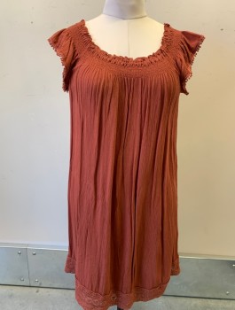 TWIK, Sienna Brown, Viscose, Cotton, Solid, Gauze, Cap Sleeves, Scoop Neck with Smocking, Ruffled Edge, Eyelet Lace at Hem, Pom Pom Fringe at Arm Openings, Knee Length