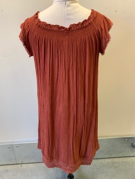 TWIK, Sienna Brown, Viscose, Cotton, Solid, Gauze, Cap Sleeves, Scoop Neck with Smocking, Ruffled Edge, Eyelet Lace at Hem, Pom Pom Fringe at Arm Openings, Knee Length