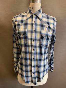 Mens, Western, ROCKMOUNT, French Blue, Black, Sky Blue, Beige, White, Cotton, Plaid, S, Collar Attached, Snap Front, Black with Silver Frame Diamond Shapes Buttons, 2 Pocket, Long Sleeves