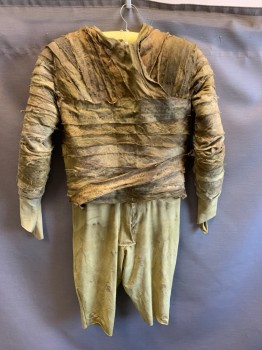 Mens, Historical Fiction Piece 1, MTO, Ochre Brown-Yellow, Cotton, Spandex, C38, 4 Piece Mummy, Top with Spandex Shorts, Center Back Zipper, Cotton Gauze with Faded Hieroglyphics, Aged/Distressed,  Hook, Bars and Velcro Wrap Extra Gauze.