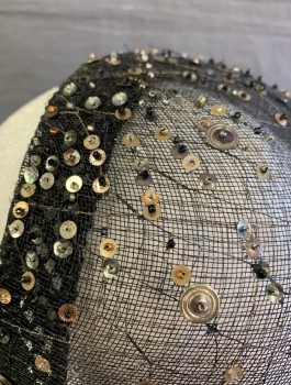 Womens, Fascinator, N/L MTO, Black, Silver, Horsehair, Sequins, Stiff Net/Mesh Attached to Structured Headband, with Metallic Sequins and Beading, Made To Order, Multiples
