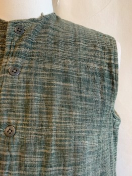 MTO, Dk Green, Beige, Cotton, Stripes, Heathered, 1700s, Round Neck, Slvls, Button Front, 2 Pockets