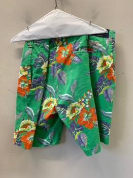 Mens, Shorts, POLO, Green, Multi-color, Cotton, Hawaiian Print, 38, F.F, 5 Pockets, Orange, Purple, White, Yellow Floral