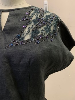 Womens, Top, TZY SHANG, Faded Black, Linen, Beaded, Solid, W28, B34, Round Neck, S/S, Keyhole Front, Button Back, Black Floral Lace, Iridescent Purple Beading And Sequins