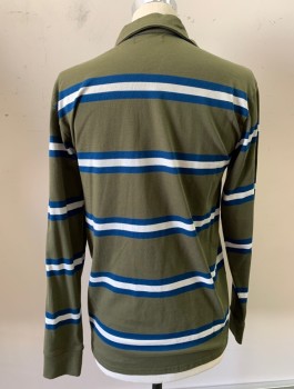 RSQ, Olive Green, Navy Blue, White, Cotton, Stripes - Horizontal , Jersey, L/S, Rugby Shirt, 3 Button Placket, Collar Attached